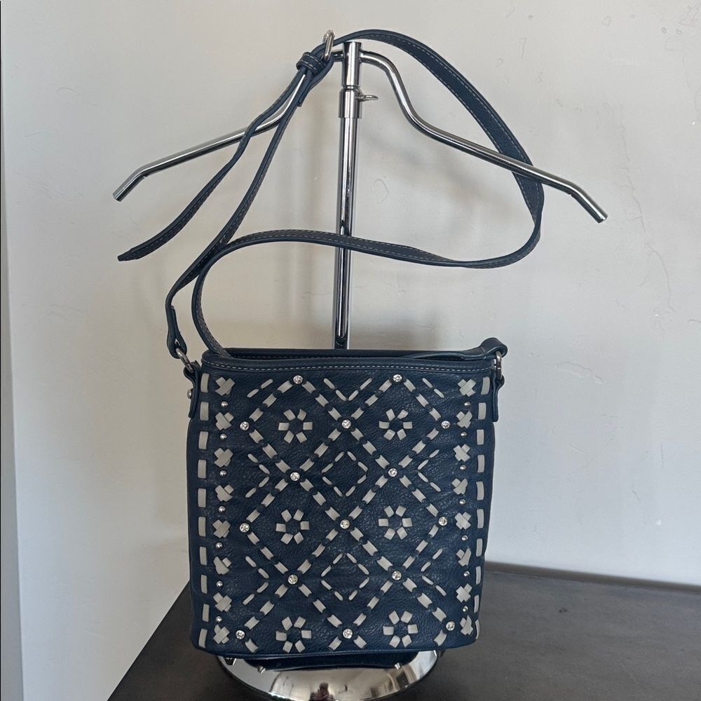 Montana West Blue Faux Leather Crossbody Bag Western Whip-Stitch and Rhinestone
